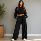 Women’s black crop sweatshirt and wide-leg pants set