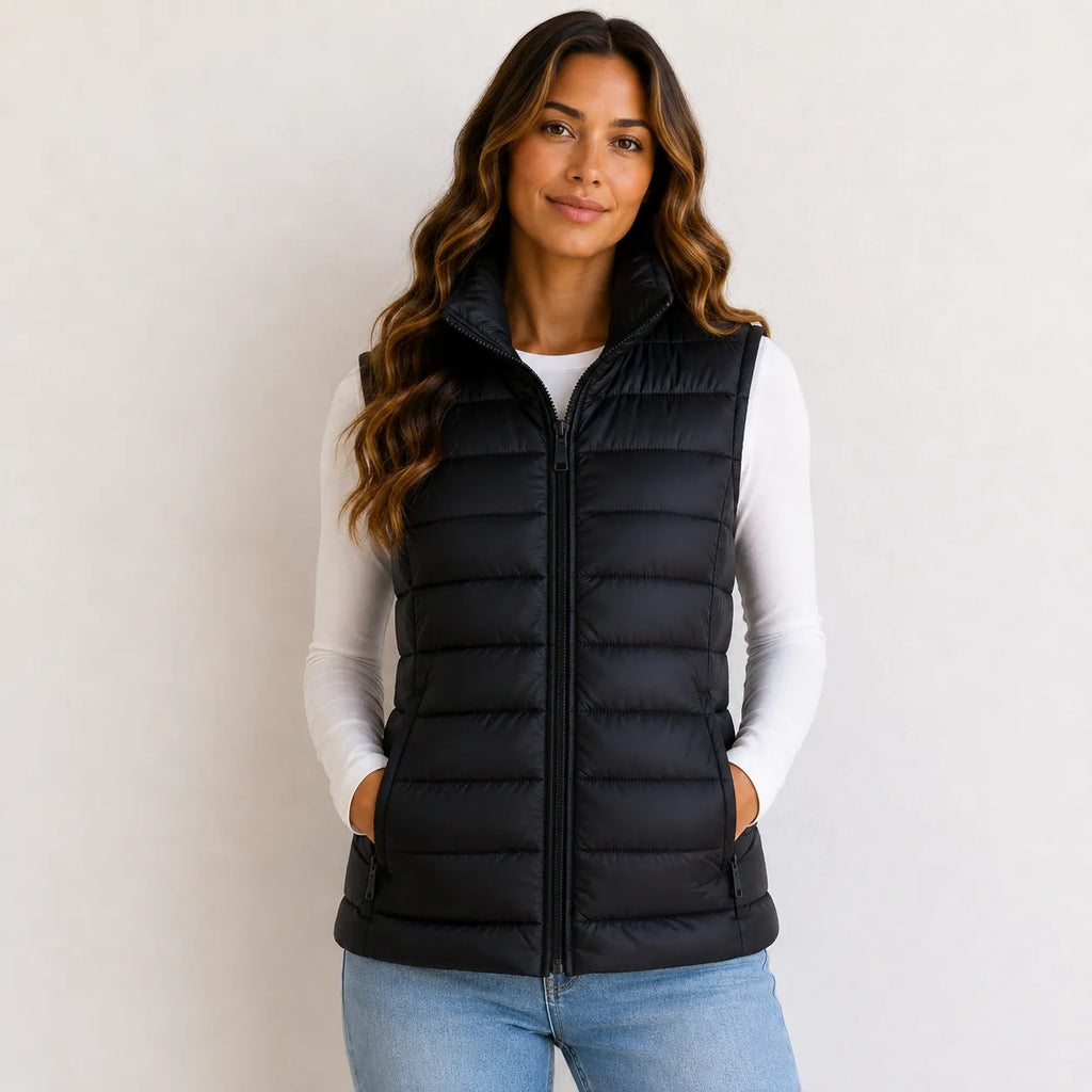 Women’s black oversized puffer vest jacket with white duck down