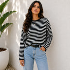 Women's black striped loose-fit long-sleeve crew neck top