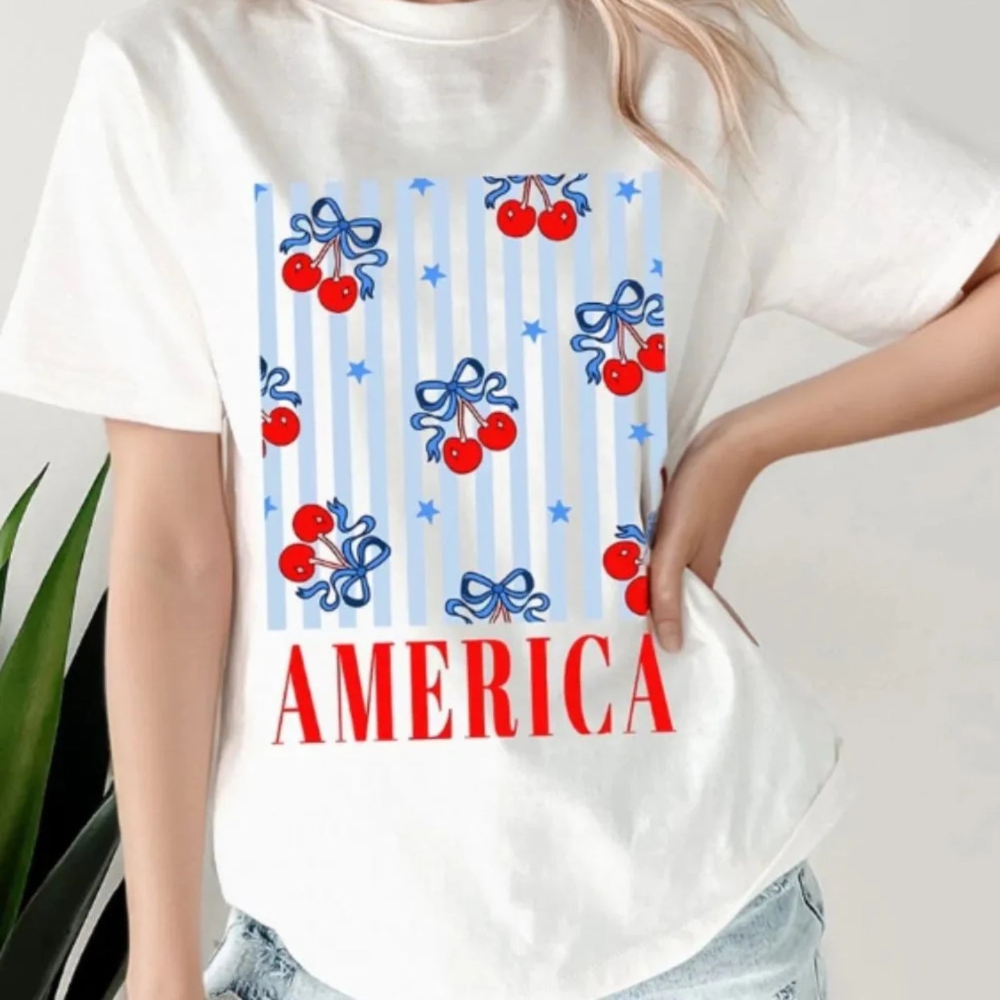 Women's Bow Cherry America Graphic Patriotic T-Shirt-Trendsi - Solazura Boutique