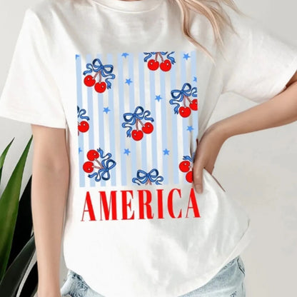 Women's Bow Cherry America Graphic Patriotic T-Shirt-Trendsi - Solazura Boutique