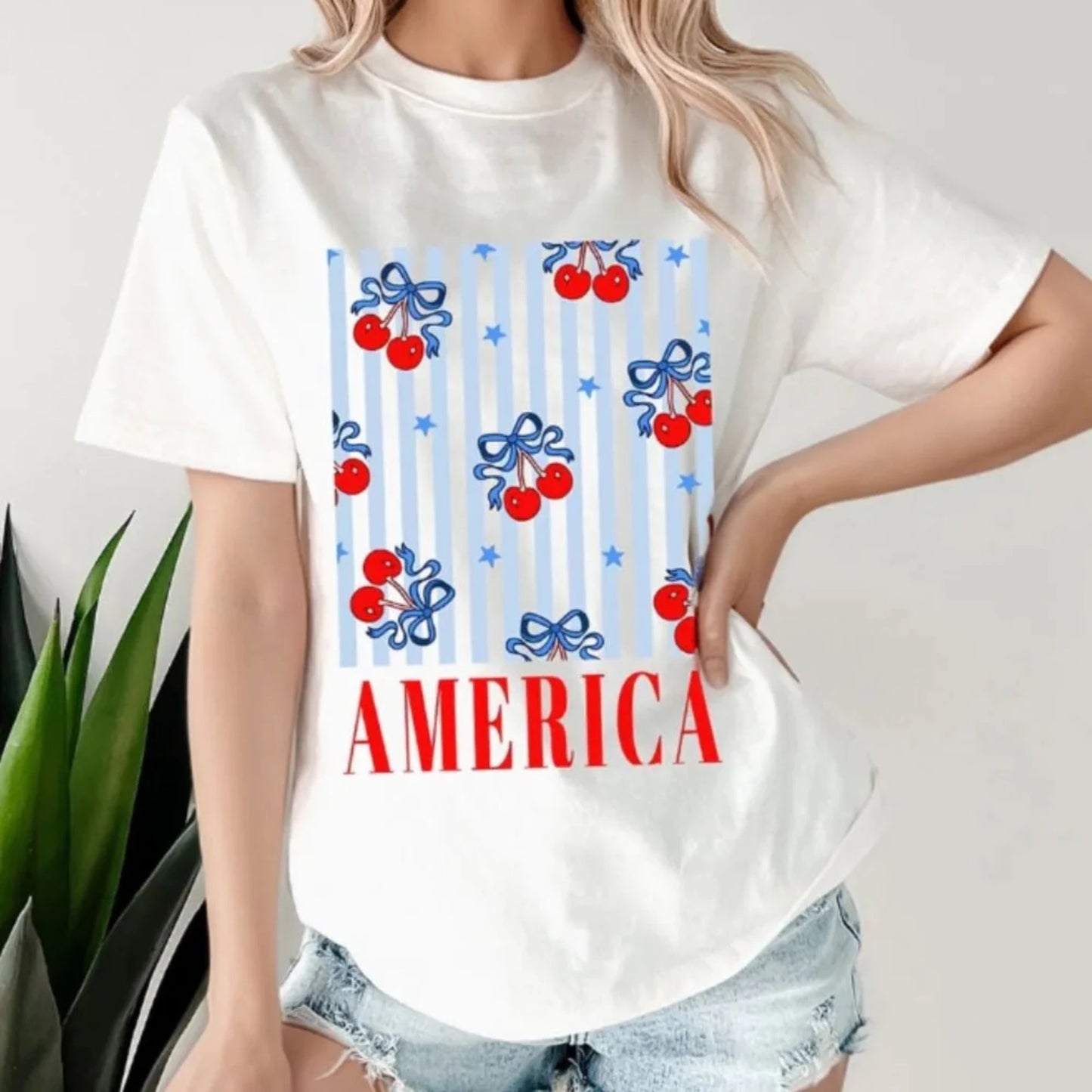 Women's Bow Cherry America Graphic Patriotic T-Shirt-Trendsi - Solazura Boutique