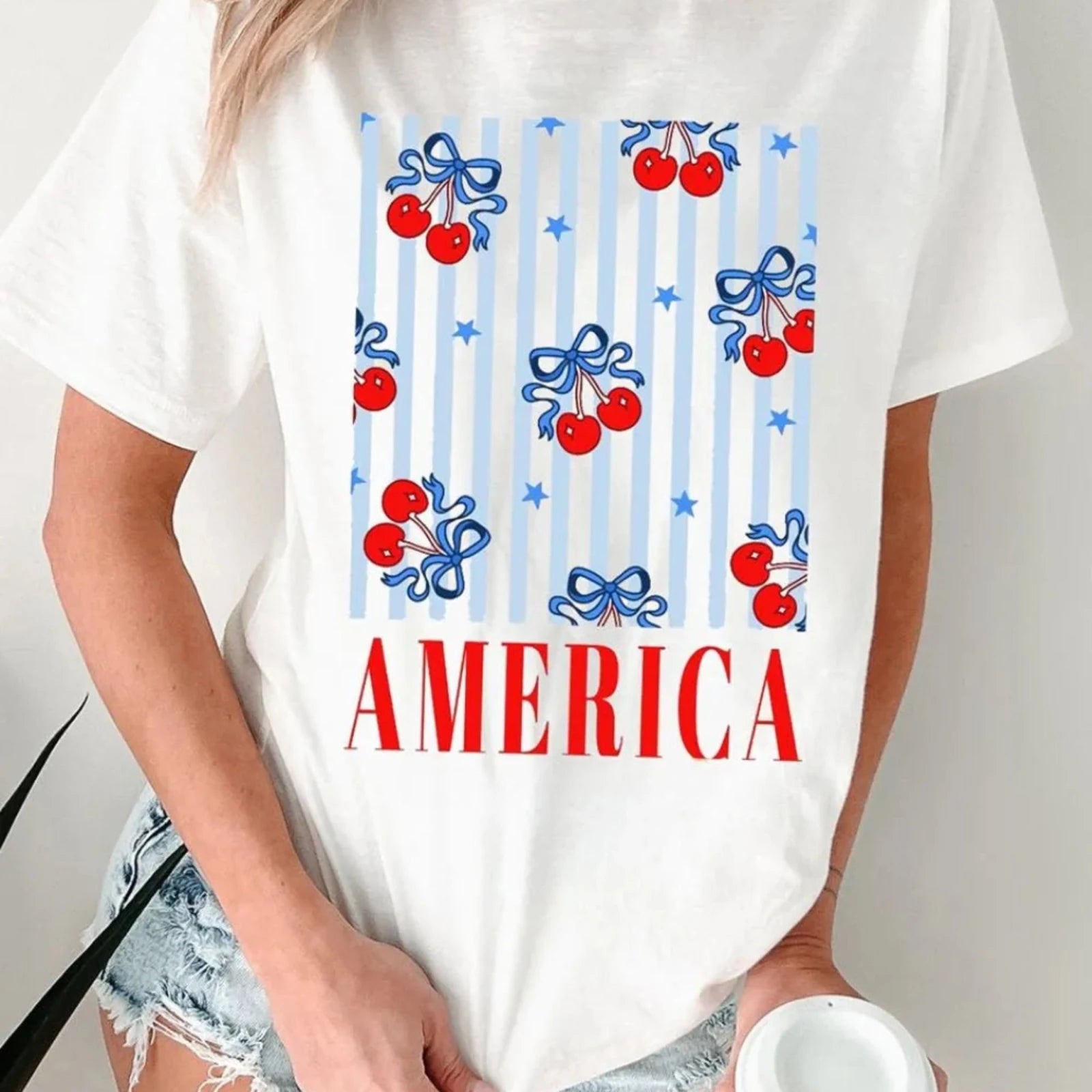 Women's Bow Cherry America Graphic Patriotic T-Shirt-Trendsi - Solazura Boutique