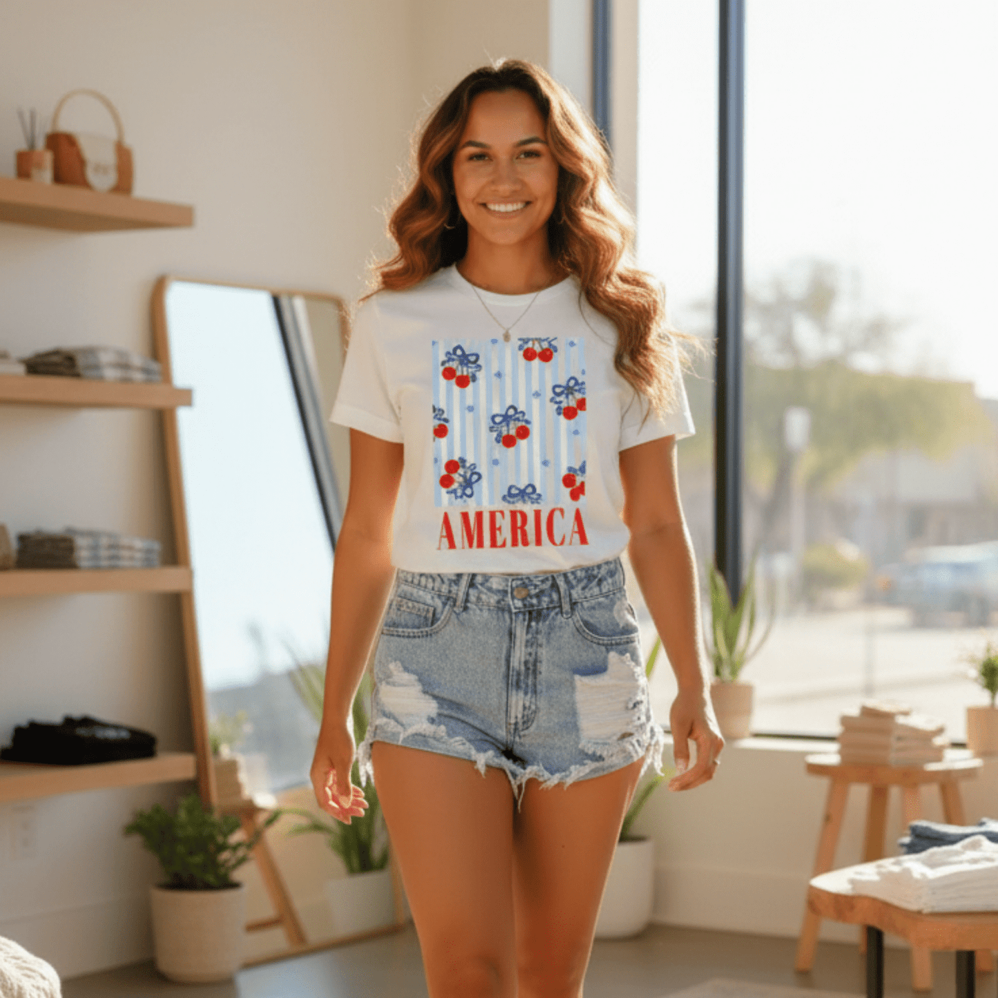 Women's Bow Cherry America Graphic Patriotic T-Shirt-Trendsi - Solazura Boutique