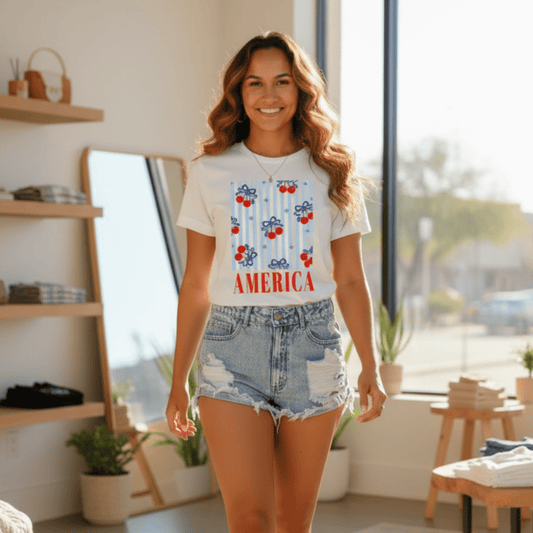 Women's Bow Cherry America Graphic Patriotic T-Shirt-Trendsi - Solazura Boutique