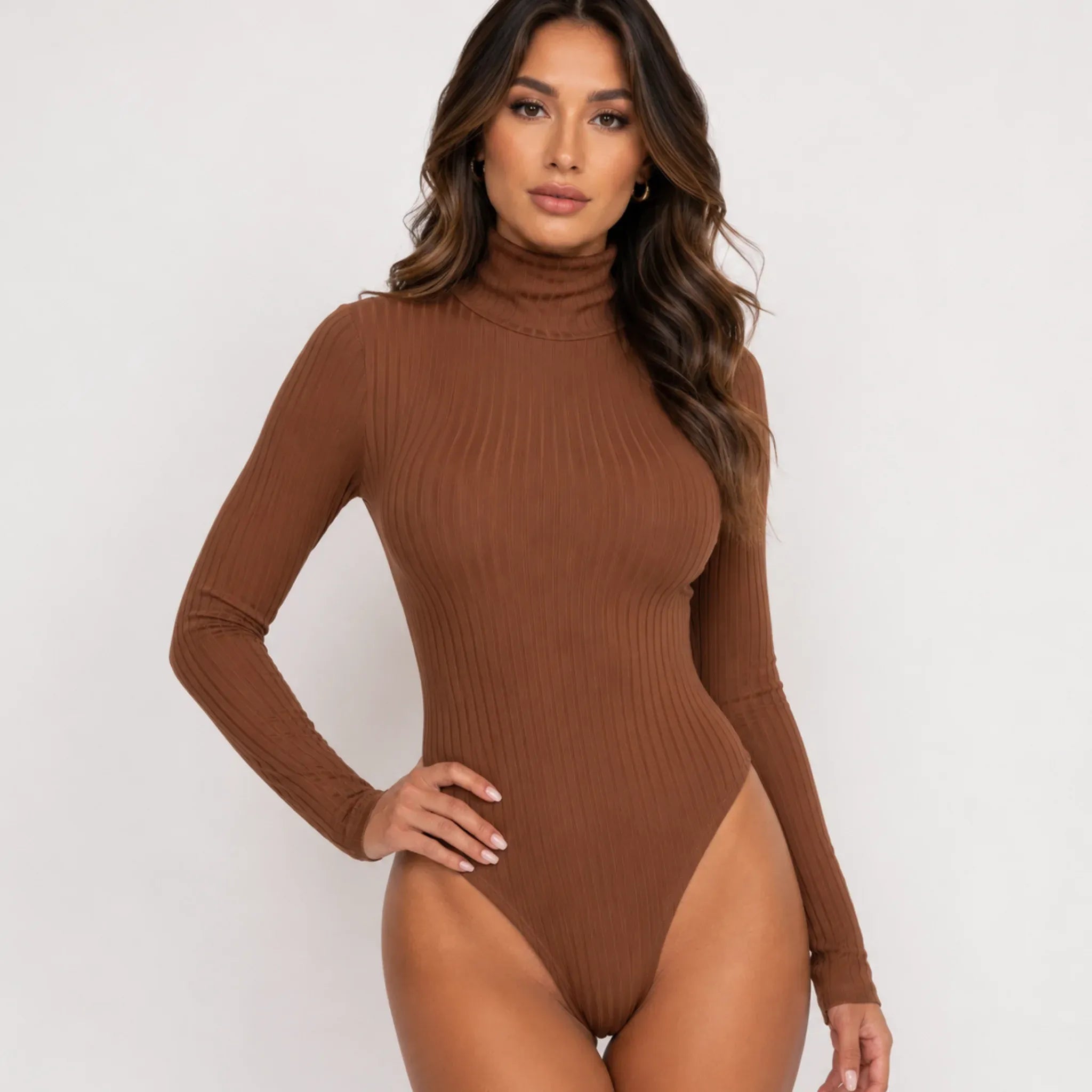 Women's brown ribbed turtleneck bodysuit front view featuring soft stretch fabric and a sleek fitted style.