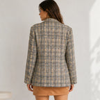Women's double-breasted plaid blazer in grey and beige, back view