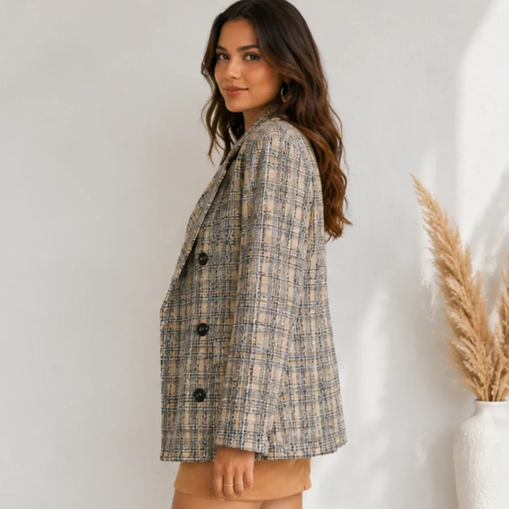 Women's double-breasted plaid blazer in grey and beige, side view
