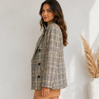 Women's double-breasted plaid blazer in grey and beige, side view