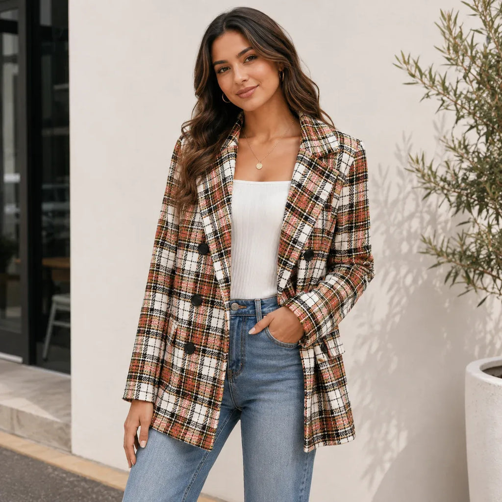 Women's double-breasted plaid blazer in orange red, cream and black plaid