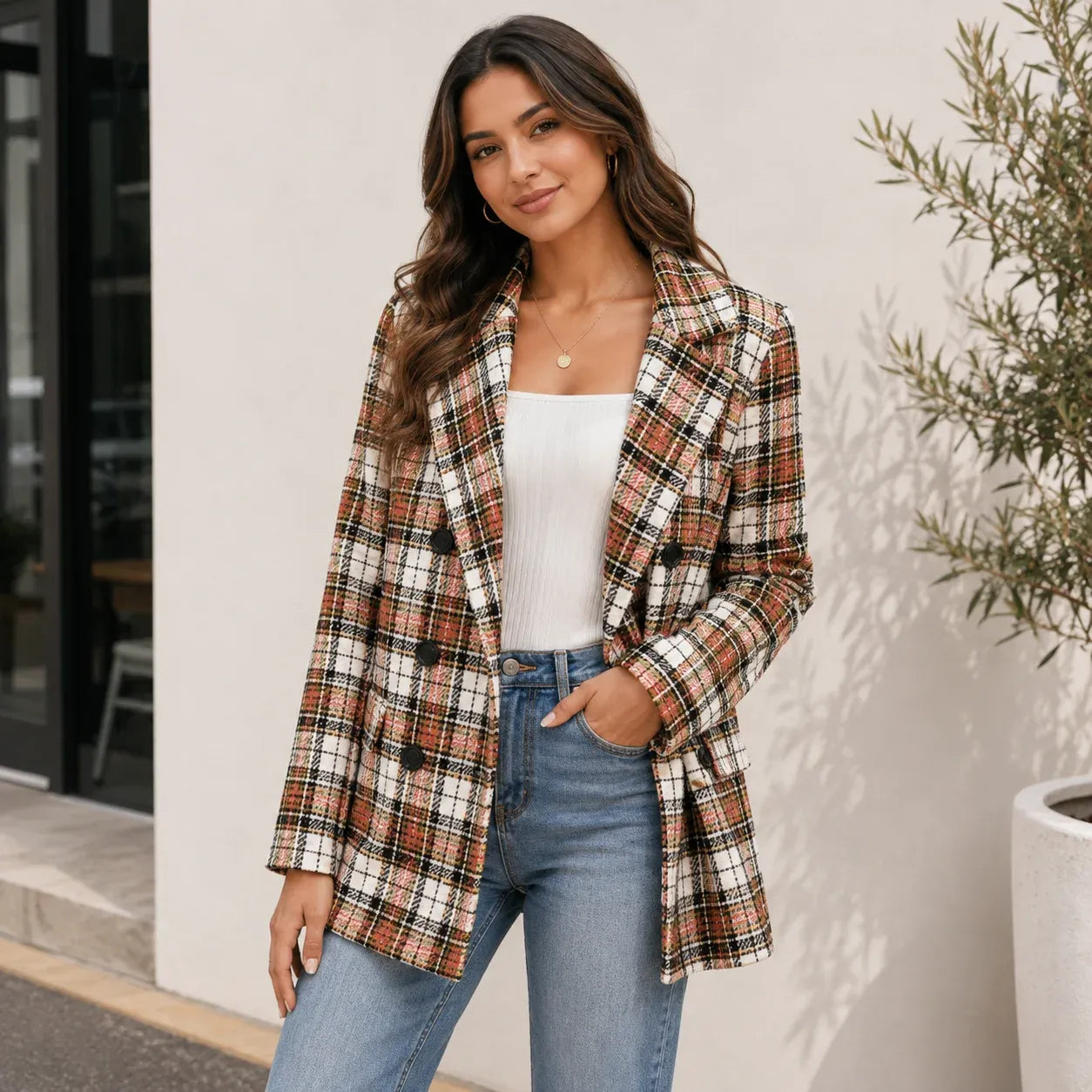 Women's double-breasted plaid blazer in orange red, cream and black plaid