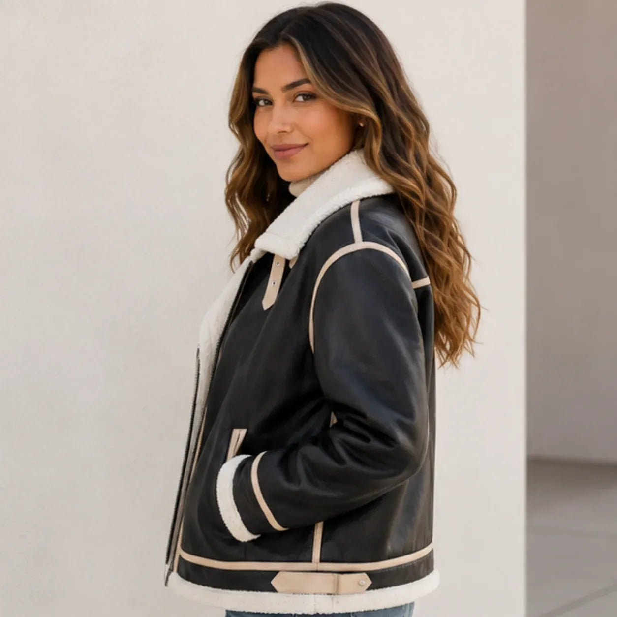 Side view of women's black faux shearling-lined leather jacket with cream trim and shearling cuffs