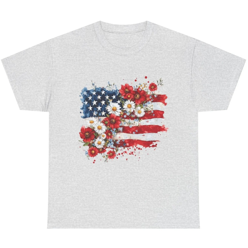 Women's Floral American Flag Graphic Tee in Ash featuring vintage patriotic flowers and American flag artwork.