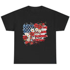 Women's Floral American Flag Graphic Tee in Black featuring a colorful patriotic floral American flag design.