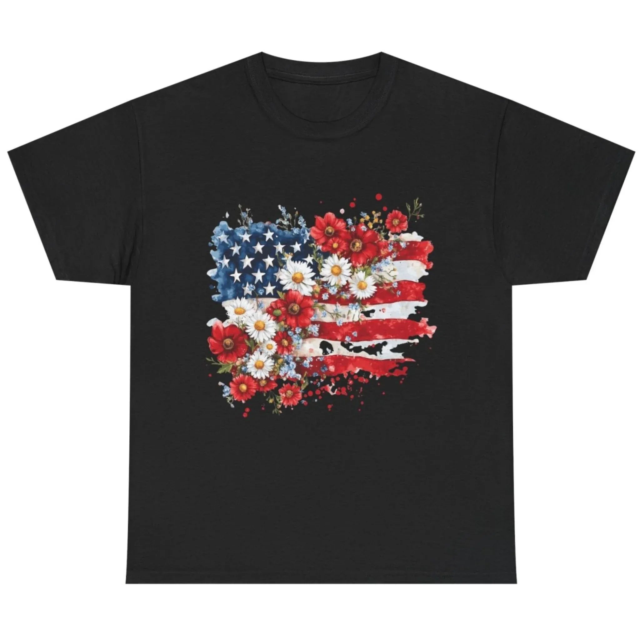 Women's Floral American Flag Graphic Tee in Black featuring a colorful patriotic floral American flag design.