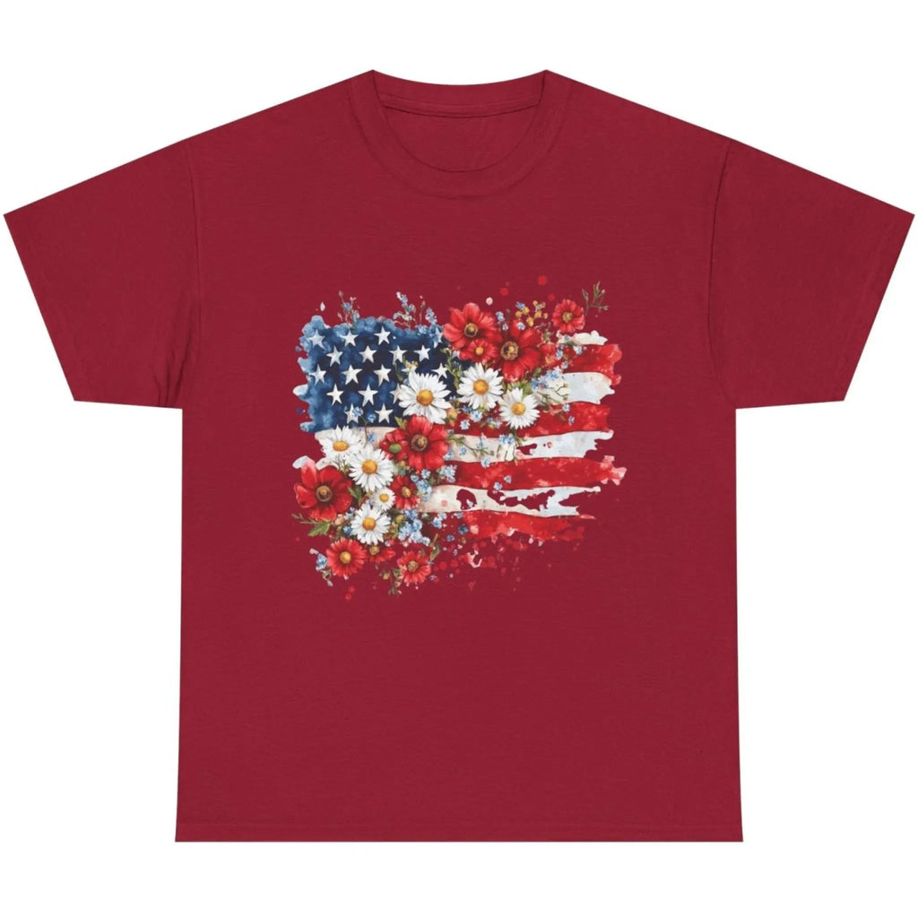 Women's Floral American Flag Graphic Tee in Cardinal Red with vintage patriotic floral flag design.