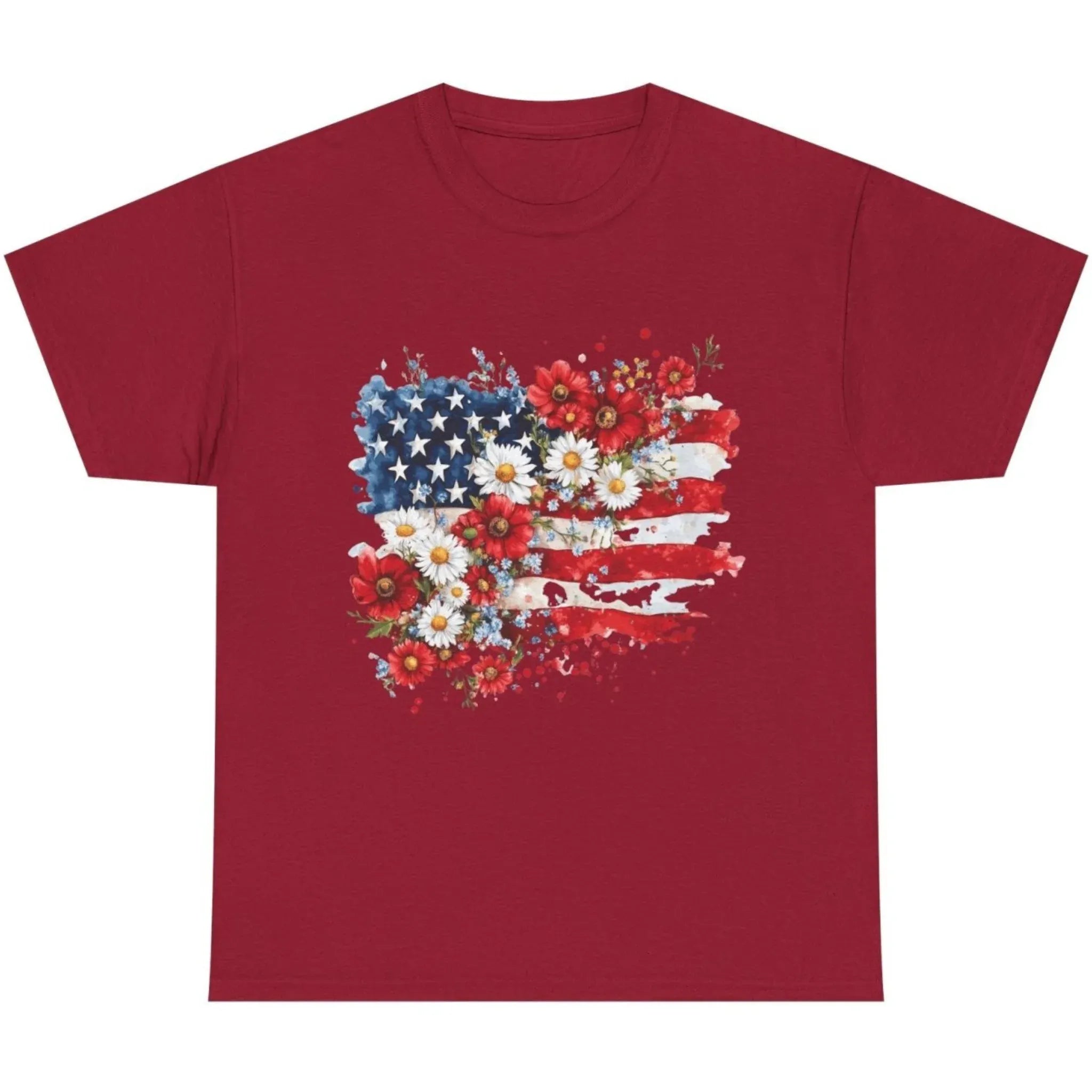 Women's Floral American Flag Graphic Tee in Cardinal Red with vintage patriotic floral flag design.