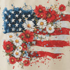 Close-up of patriotic floral American flag graphic featuring red flowers, white daisies and blue watercolor stars.