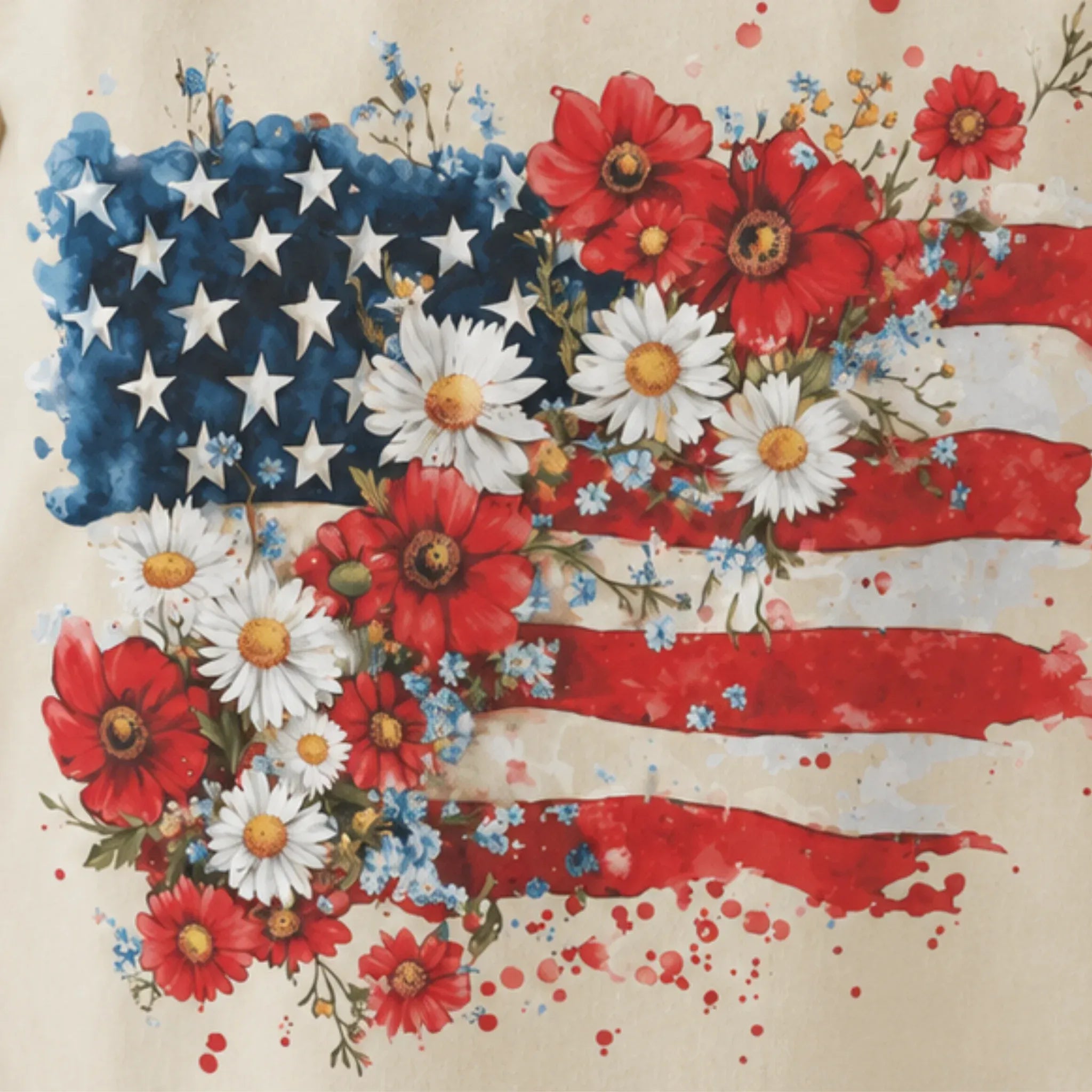 Close-up of patriotic floral American flag graphic featuring red flowers, white daisies and blue watercolor stars.