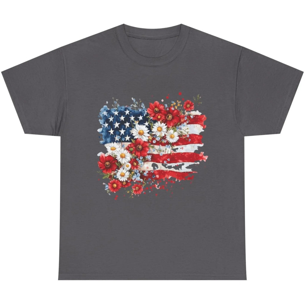 Women's Floral American Flag Graphic Tee in Dark Heather with watercolor patriotic floral artwork.