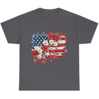 Women's Floral American Flag Graphic Tee in Dark Heather with watercolor patriotic floral artwork.