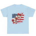 Women's Floral American Flag Graphic Tee in Light Blue with red, white and blue floral American flag graphic.