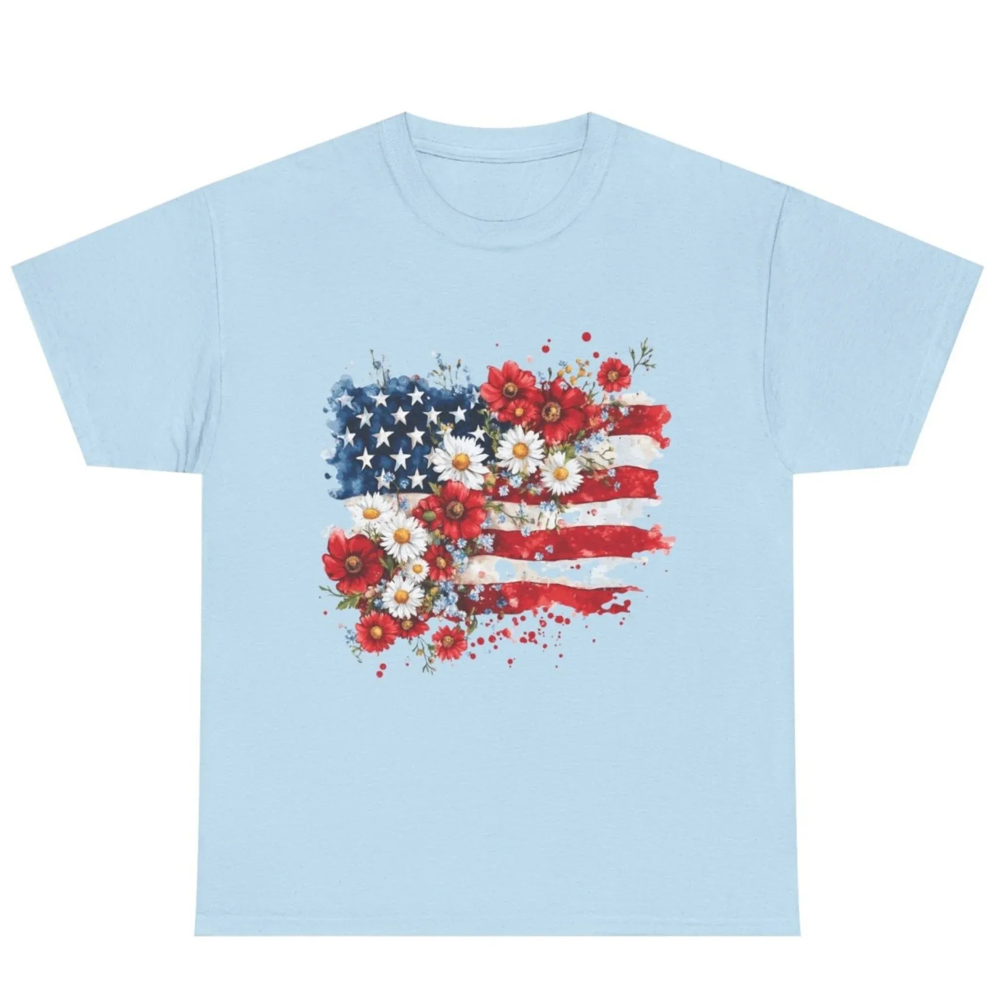 Women's Floral American Flag Graphic Tee in Light Blue with red, white and blue floral American flag graphic.