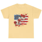 Women's Floral American Flag Graphic Tee in Light Yellow with patriotic floral American flag graphic.
