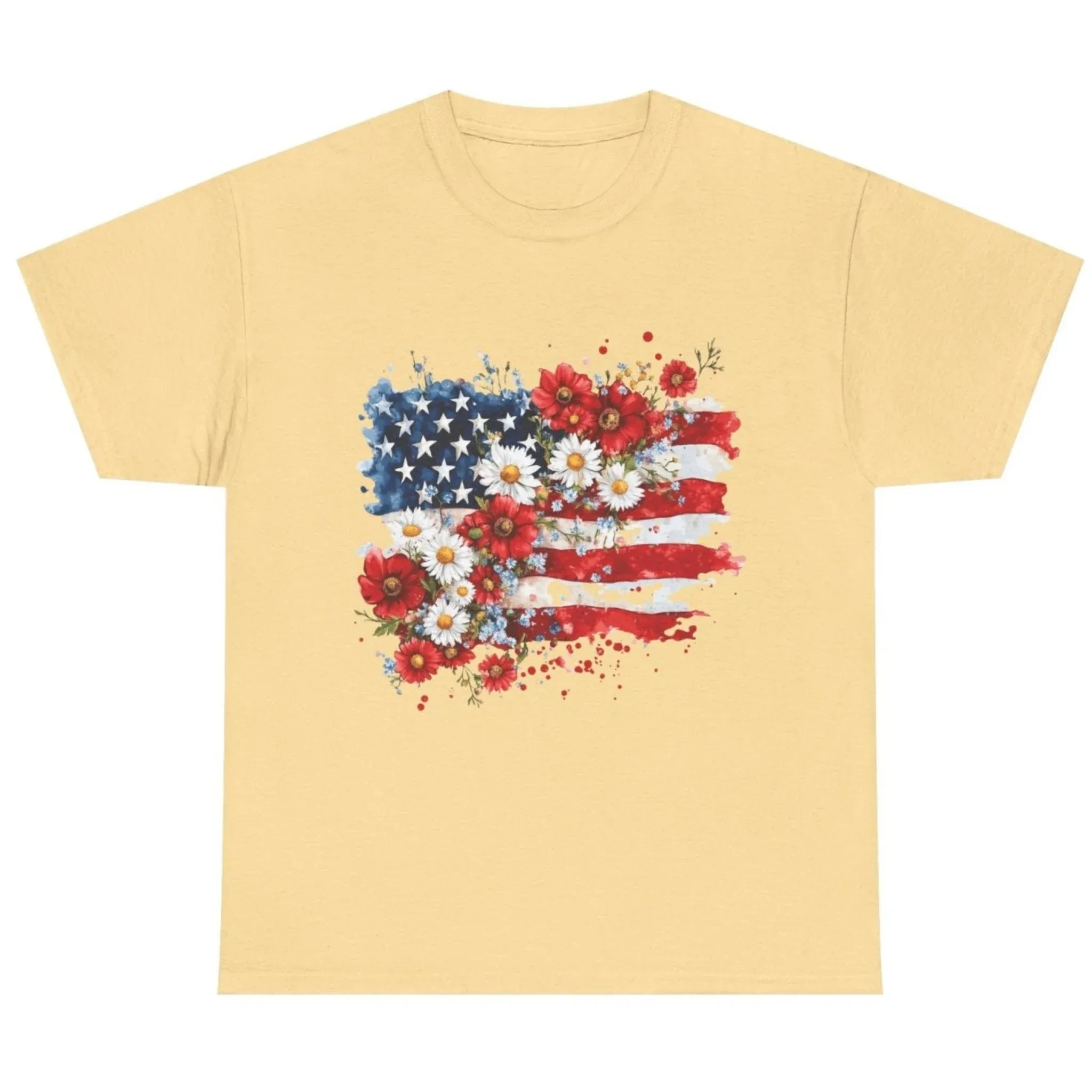 Women's Floral American Flag Graphic Tee in Light Yellow with patriotic floral American flag graphic.