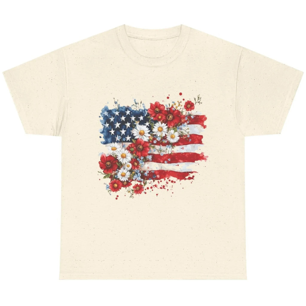 Women's Floral American Flag Graphic Tee in Natural featuring watercolor American flag with floral accents.