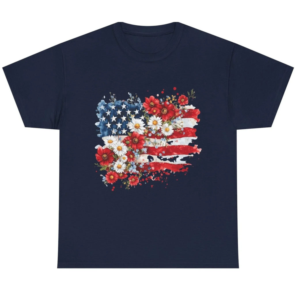 Women's Floral American Flag Graphic Tee in Navy with bold patriotic floral American flag design.