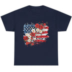 Women's Floral American Flag Graphic Tee in Navy with bold patriotic floral American flag design.