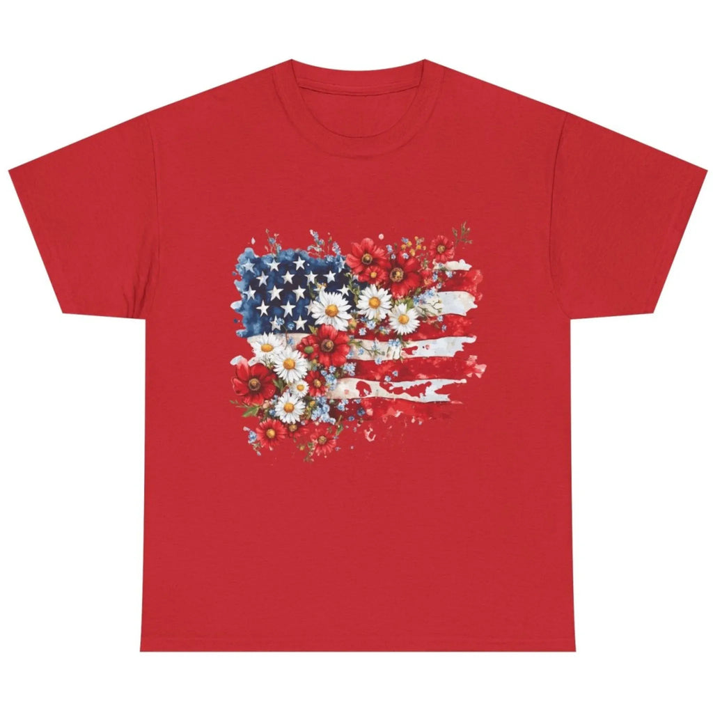 Women's Floral American Flag Graphic Tee in Red with patriotic floral graphic for summer celebrations.