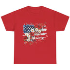 Women's Floral American Flag Graphic Tee in Red with patriotic floral graphic for summer celebrations.
