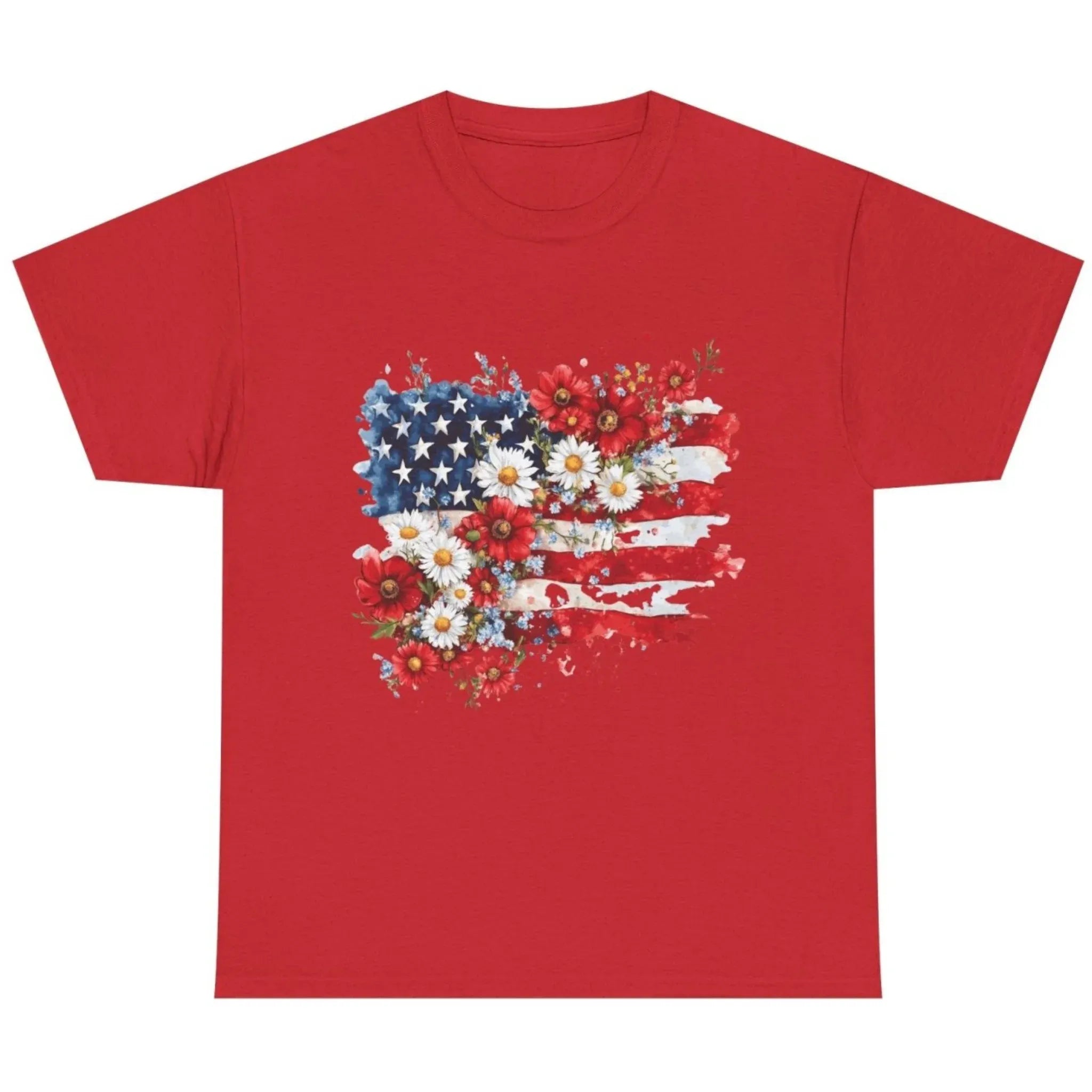 Women's Floral American Flag Graphic Tee in Red with patriotic floral graphic for summer celebrations.