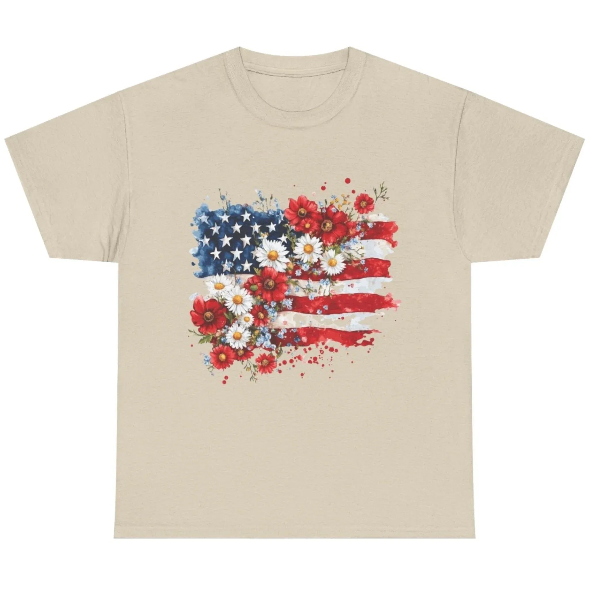 Women's Floral American Flag Graphic Tee in Sand featuring a feminine patriotic floral flag design.