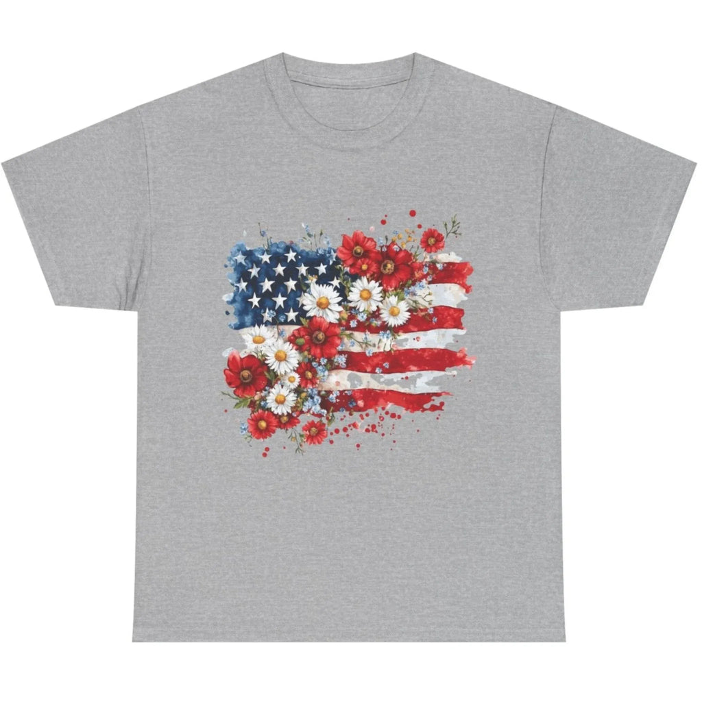 Women's Floral American Flag Graphic Tee in Sport Grey featuring a red, white and blue floral American flag.