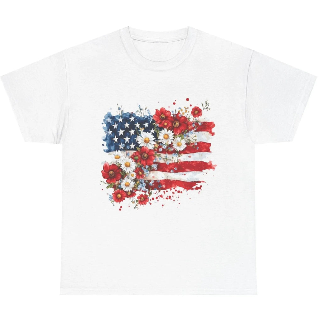 Women's Floral American Flag Graphic Tee in White with vintage floral American flag graphic print.