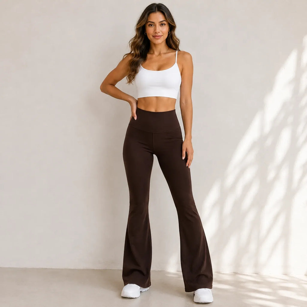 Women's high-waisted flared yoga pants in brown with wide-leg fit