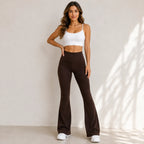 Women's high-waisted flared yoga pants in brown with wide-leg fit