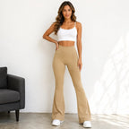 Women's high-waisted flared yoga pants in tan with high-rise waistband