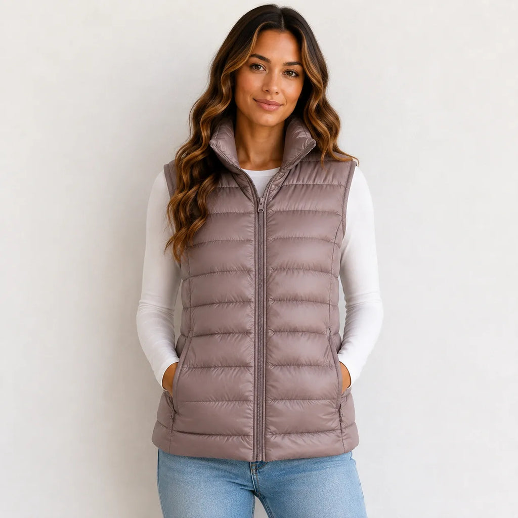 Women’s khaki oversized puffer vest jacket with white duck down