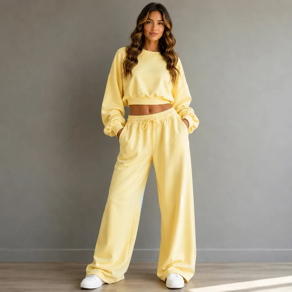Women’s light yellow crop sweatshirt and wide-leg pants set