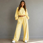 Women’s light yellow crop sweatshirt and wide-leg pants set