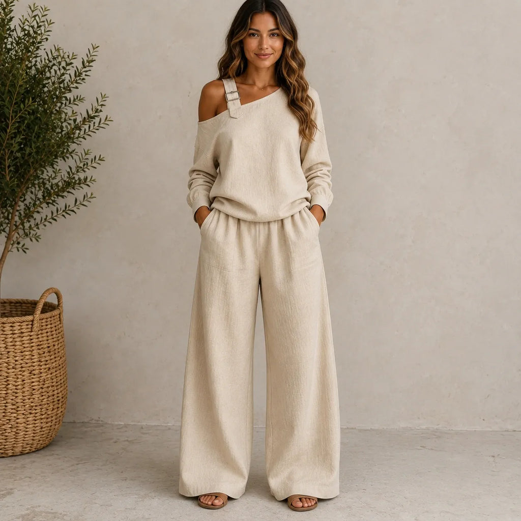 Women’s khaki linen-blend two-piece set with long sleeve top and wide-leg pants