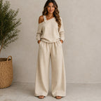 Women’s khaki linen-blend two-piece set with long sleeve top and wide-leg pants