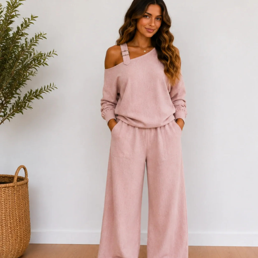 Women’s pink linen-blend two-piece set with long sleeve top and wide-leg pants