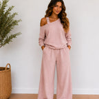 Women’s pink linen-blend two-piece set with long sleeve top and wide-leg pants