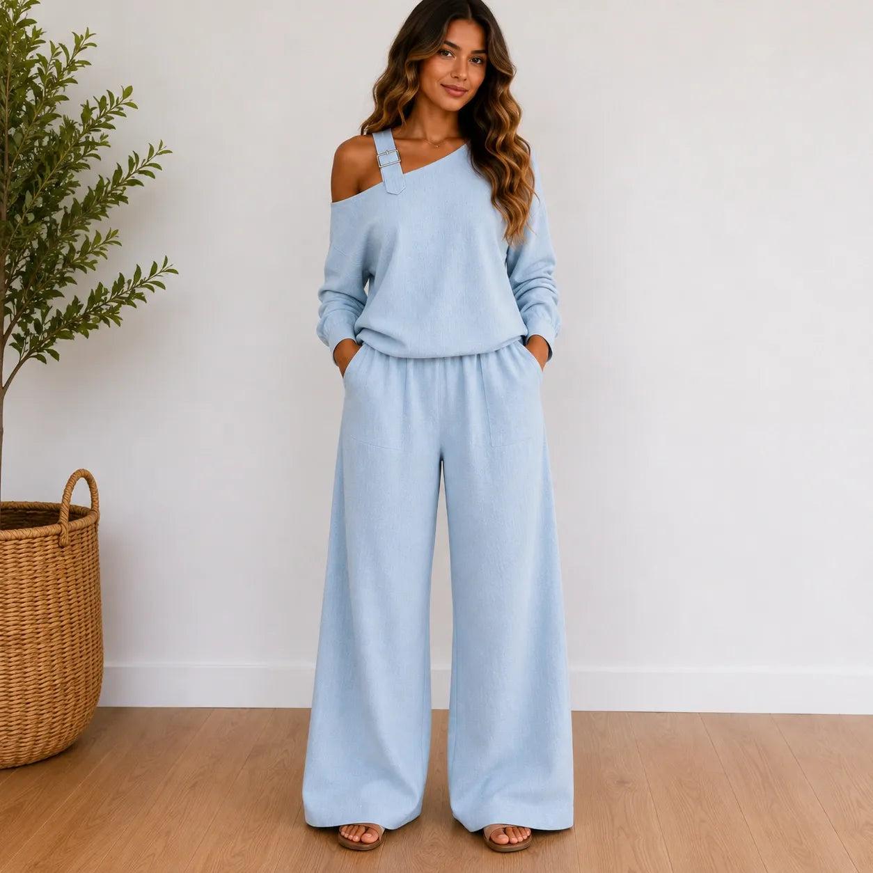 Women’s sky blue linen-blend two-piece set with long sleeve top and wide-leg pants