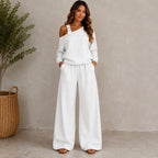 Women’s white linen-blend two-piece set with long sleeve top and wide-leg pants